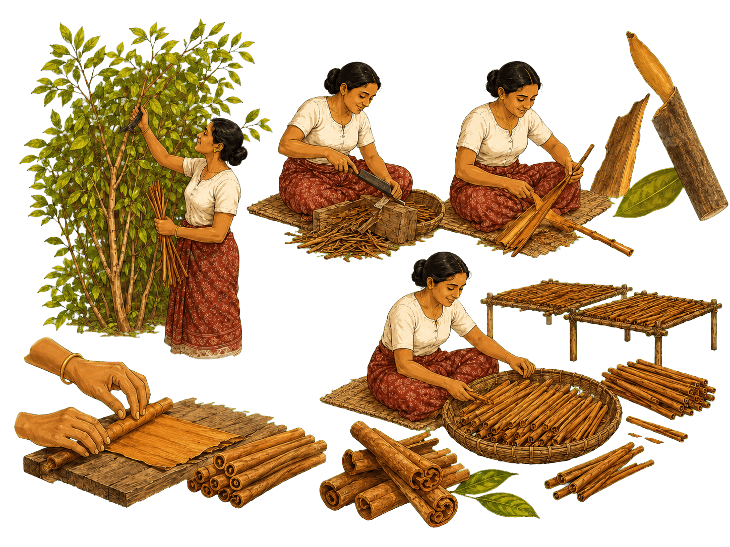 Illustration showing how Ceylon cinnamon is made in Sri Lanka