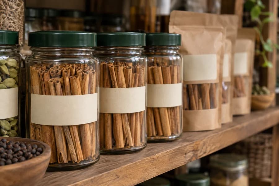 Jars and pouches of cinnamon arranged on a shop shelf