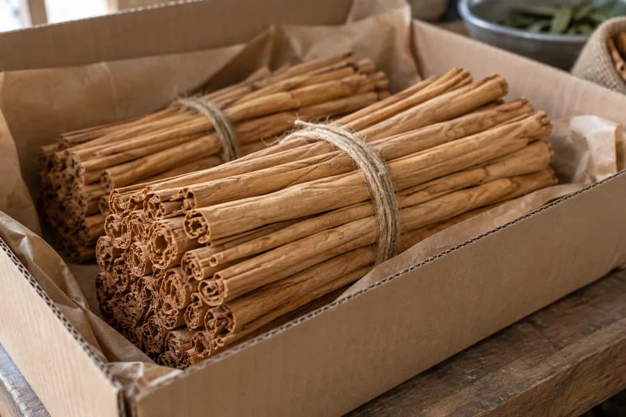 Bundles of Ceylon cinnamon quills packed in a shipping carton