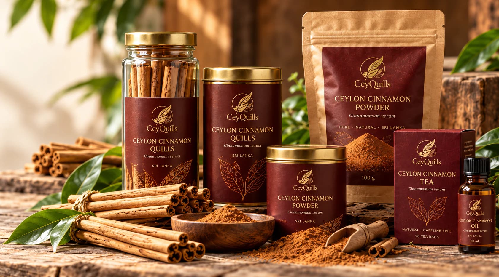 CeyQuills Ceylon cinnamon quills, powder, tea and oil in maroon and gold packaging