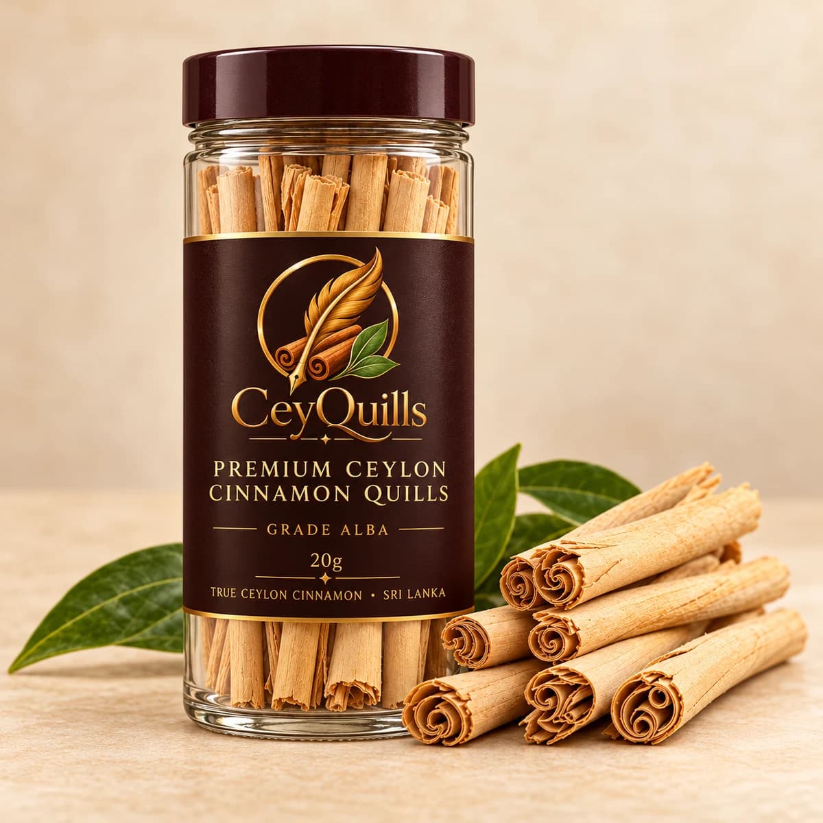 Premium Ceylon Cinnamon Quills in Glass Bottle with the cinnamon product visible