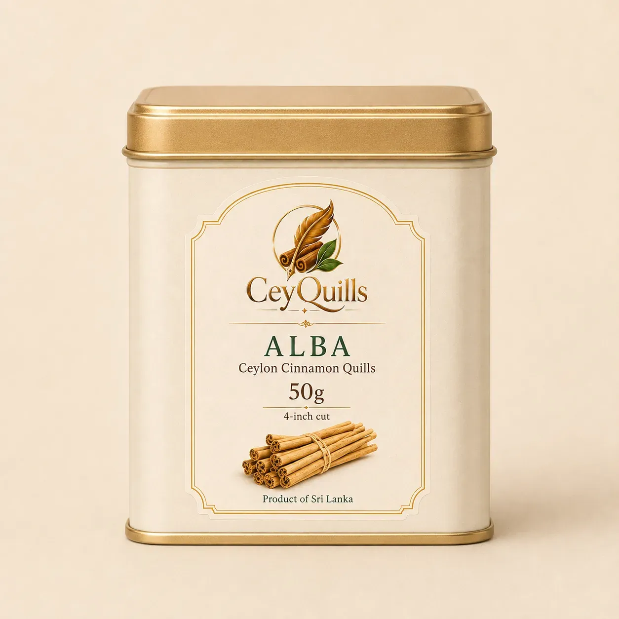 Alba Ceylon Cinnamon Quills — 50g Square Tin retail packaging