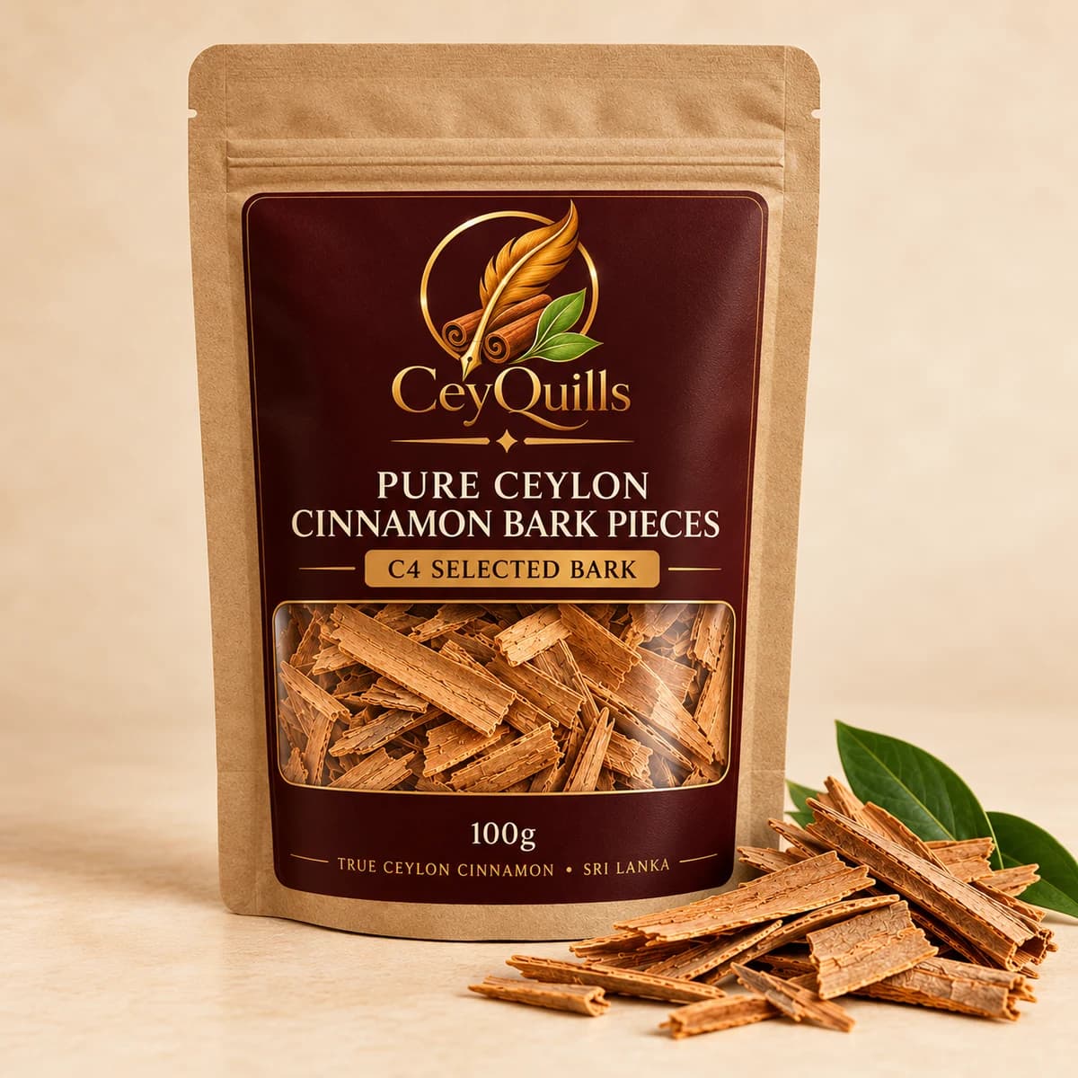 Pure Ceylon Cinnamon Bark Pieces in Paper/Kraft Pouch with the cinnamon product visible