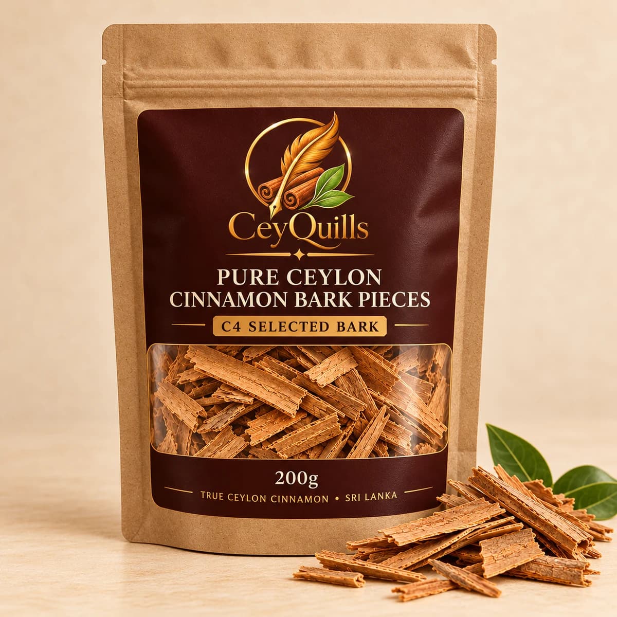 Pure Ceylon Cinnamon Bark Pieces in Paper/Kraft Pouch with the cinnamon product visible