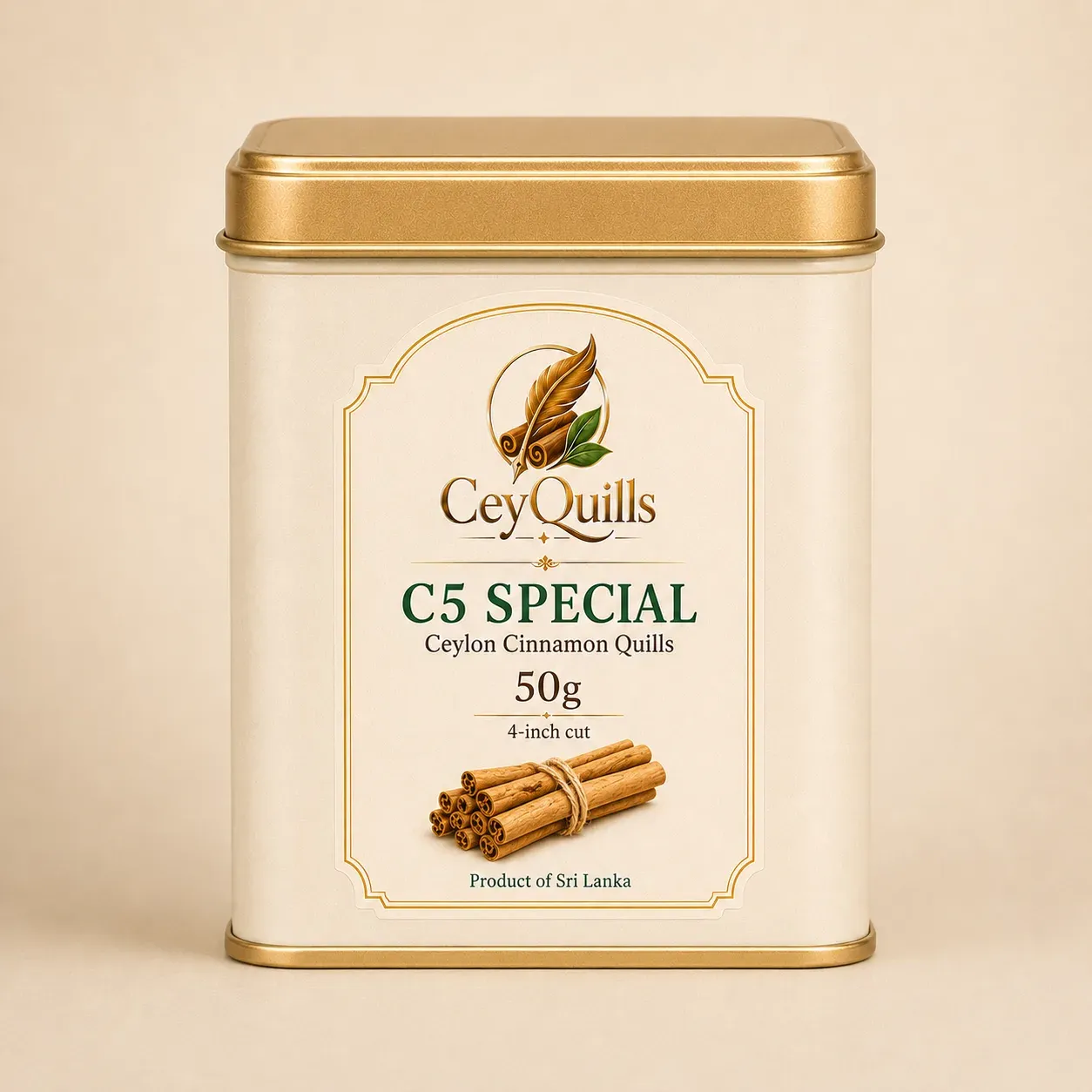 C5 Special Ceylon Cinnamon Quills — 50g Square Tin retail packaging