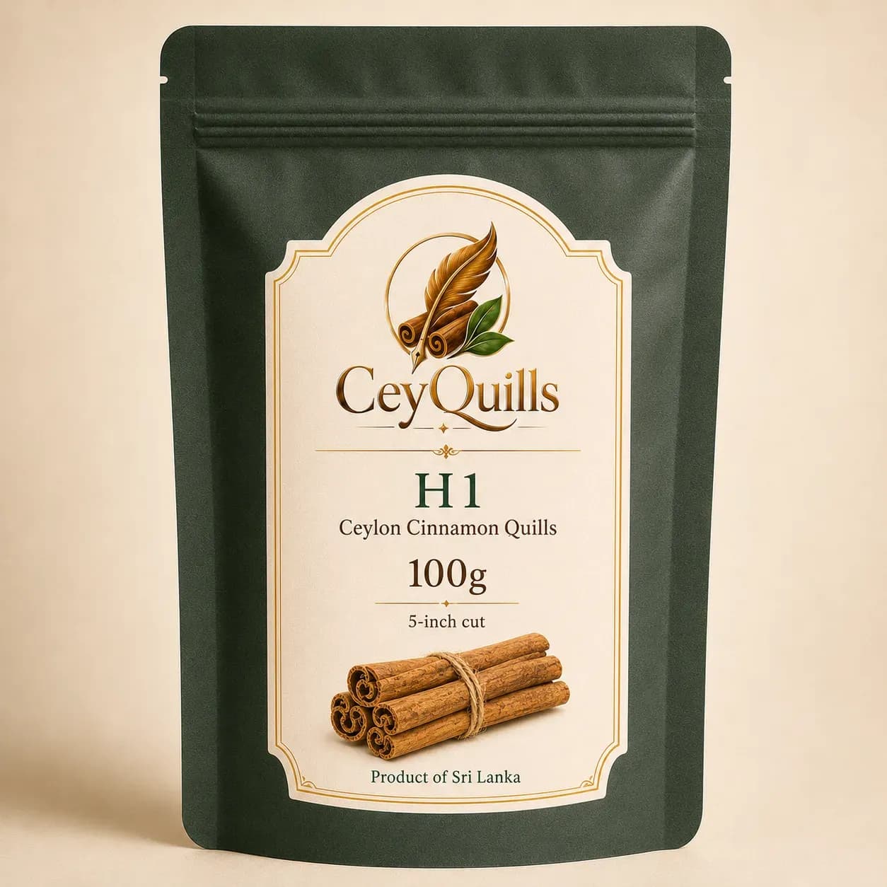 H1 Ceylon Cinnamon Quills — 100g Resealable Pouch retail packaging