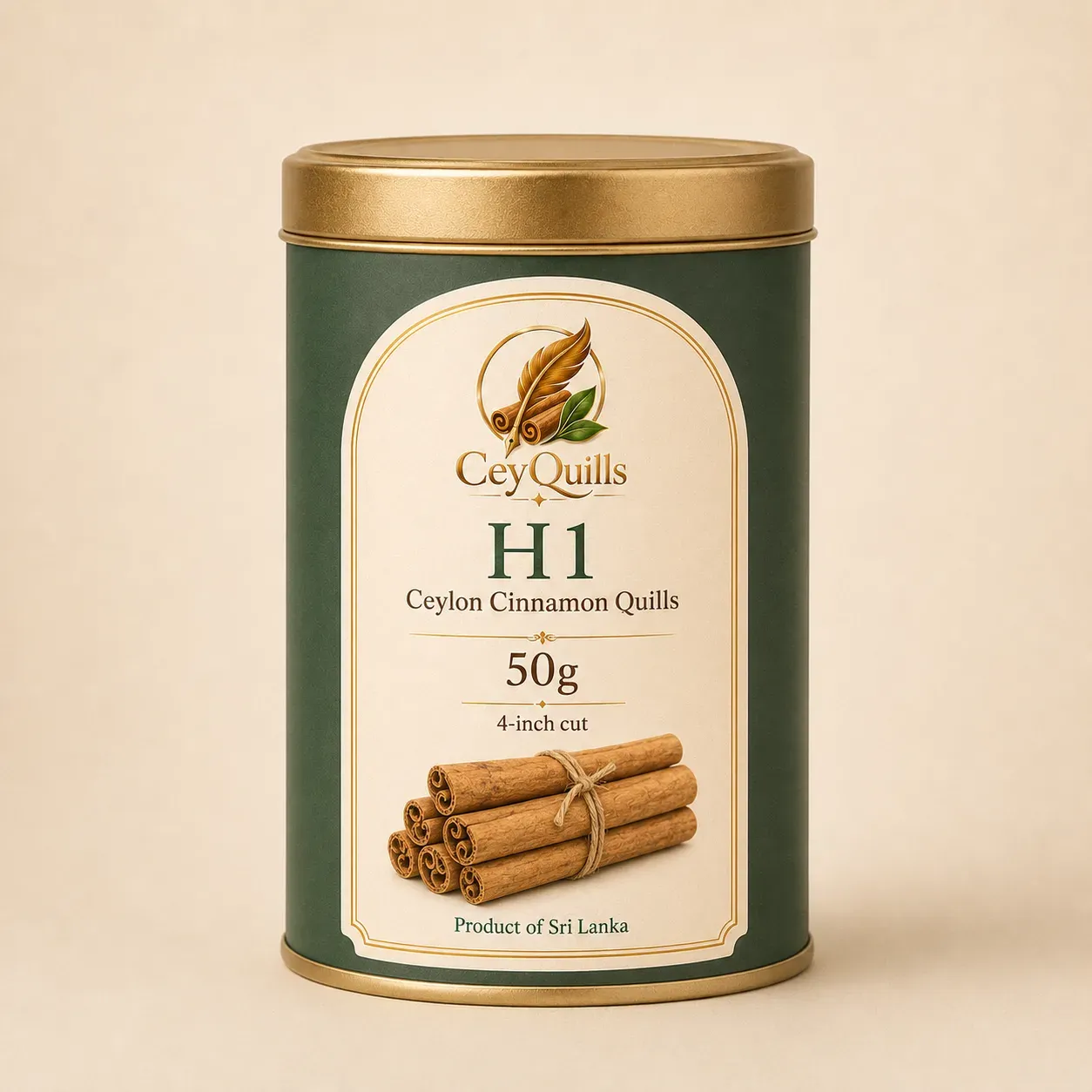 H1 Ceylon Cinnamon Quills — 50g Round Tin retail packaging