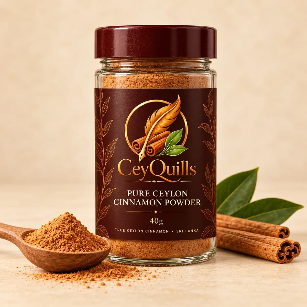 Pure Ceylon Cinnamon Powder in Glass Bottle with the cinnamon product visible