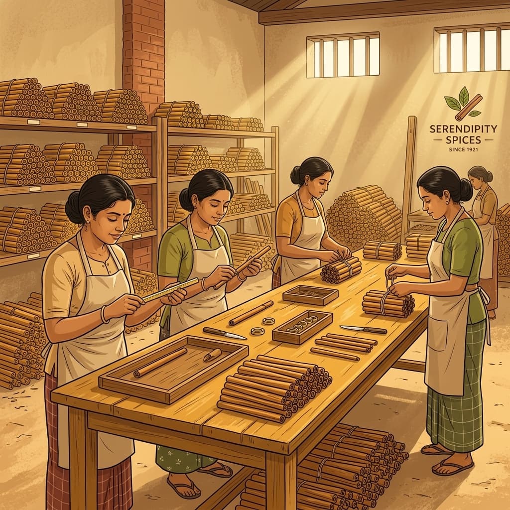 CeyQuills team sorting and hand-grading cinnamon quills by size
