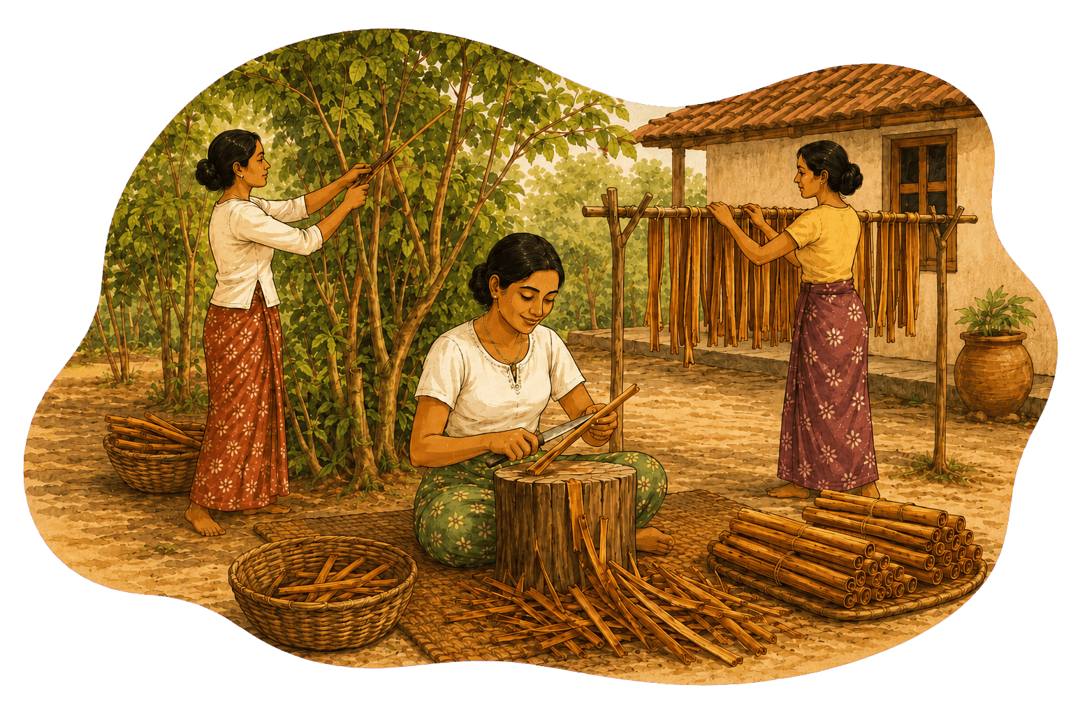 Illustration of Sri Lankan women harvesting, peeling and drying Ceylon cinnamon