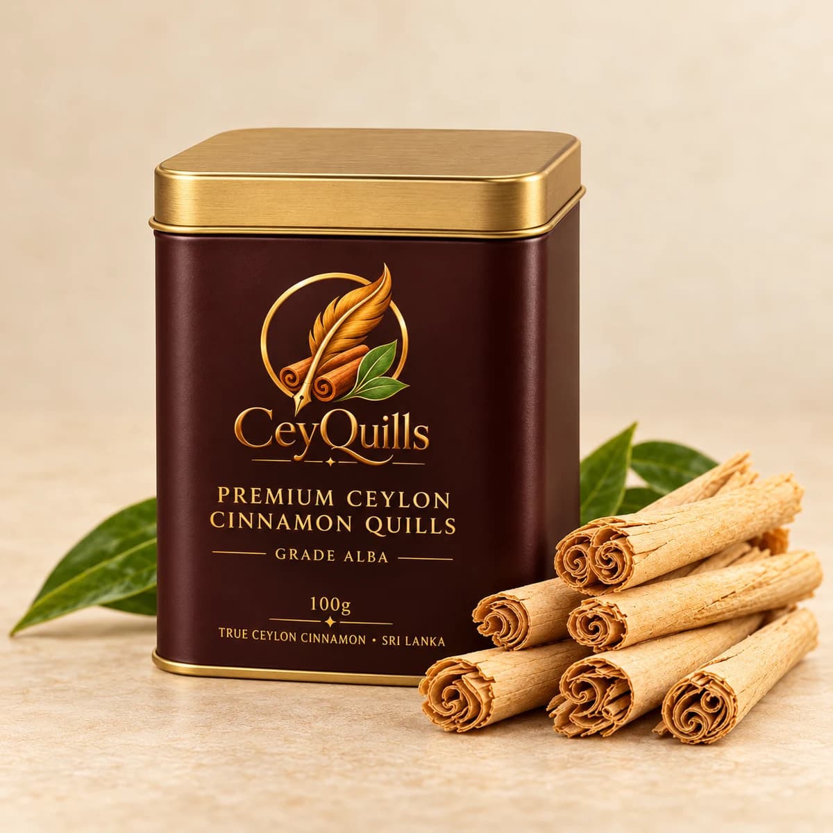 Premium Ceylon Cinnamon Quills in Square Tin with the cinnamon product visible