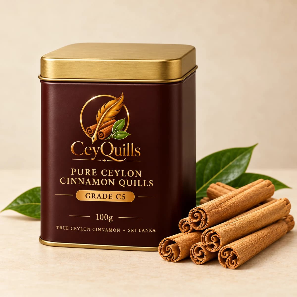 Pure Ceylon Cinnamon Quills in Square Tin with the cinnamon product visible