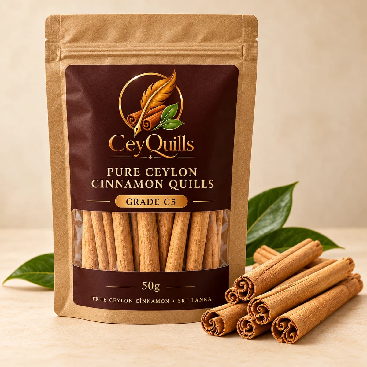 Pure Ceylon Cinnamon Quills in Paper/Kraft Pouch with the cinnamon product visible