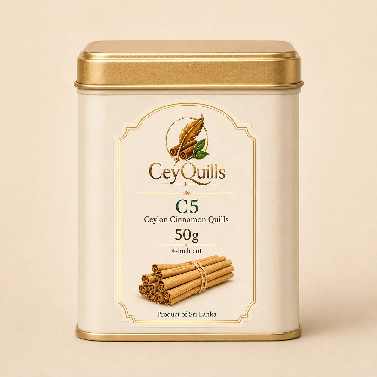 C5 Ceylon Cinnamon Quills — 50g Round Tin retail packaging