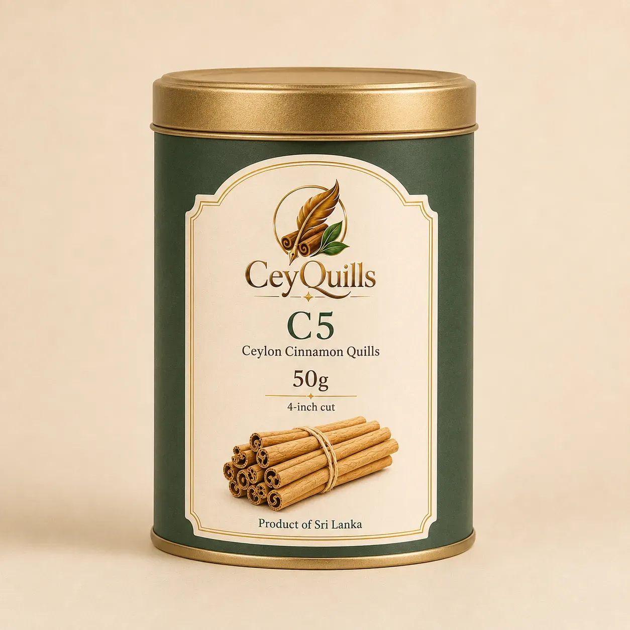 C5 Ceylon Cinnamon Quills — 50g Square Tin retail packaging