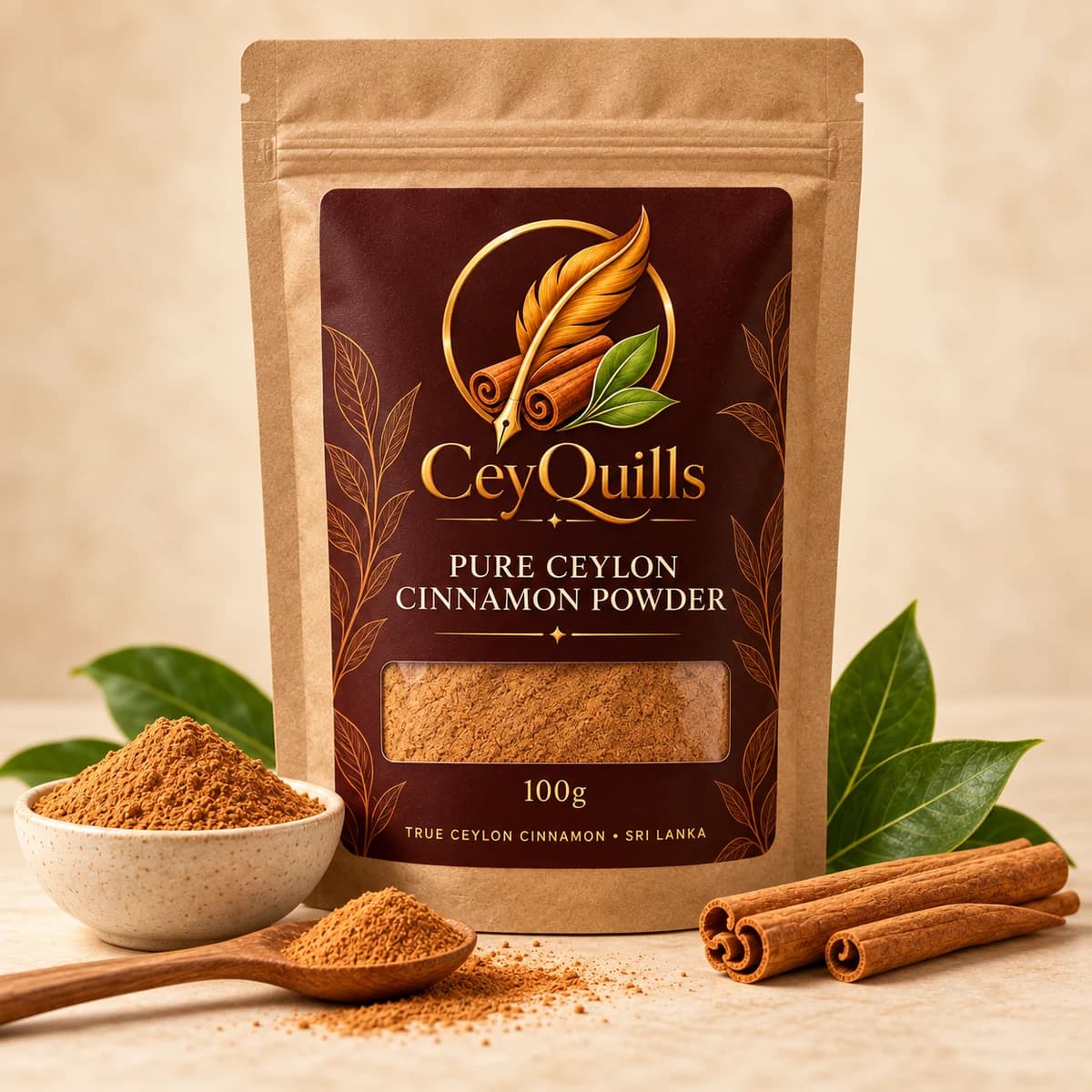 Pure Ceylon Cinnamon Powder in Paper/Kraft Pouch with the cinnamon product visible