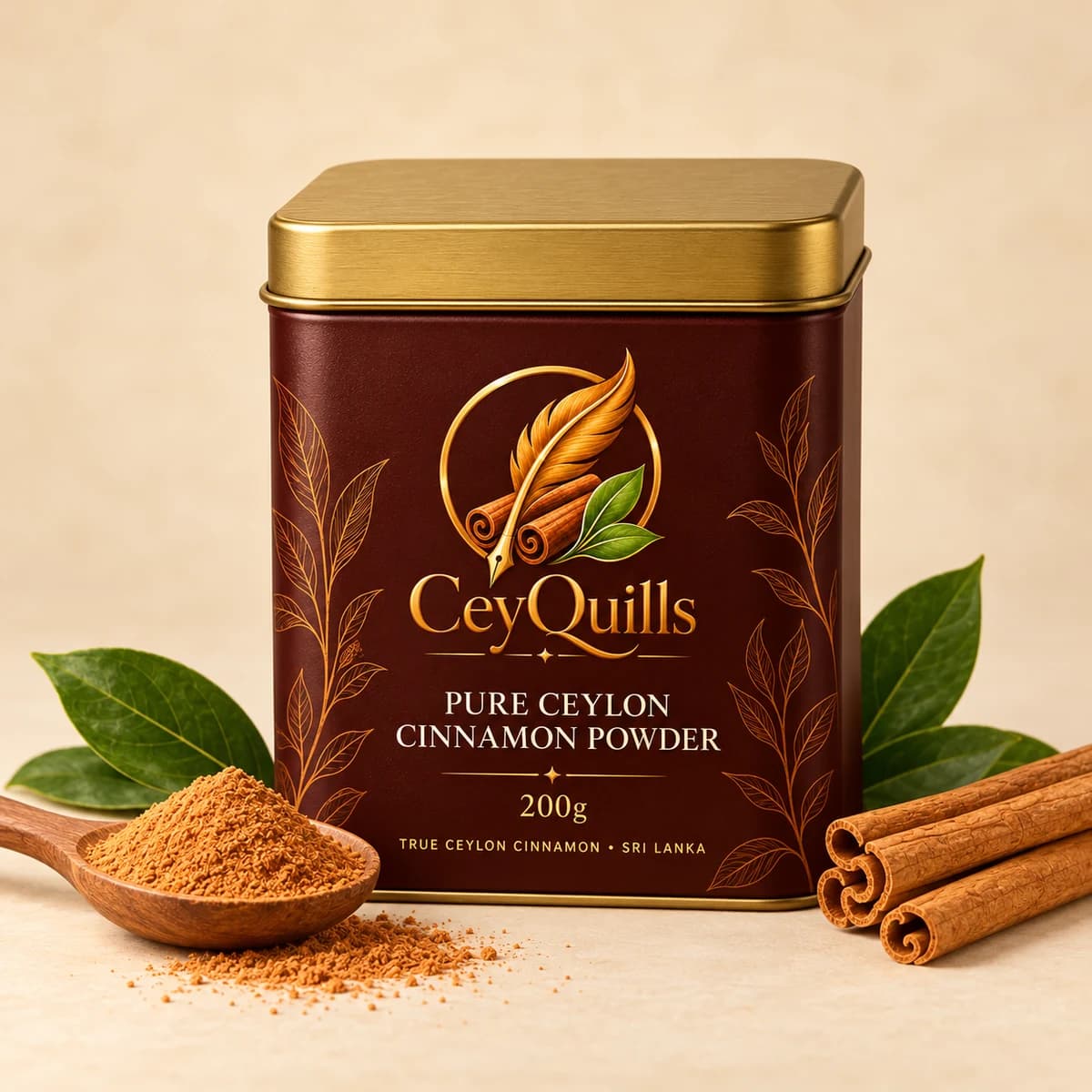 Pure Ceylon Cinnamon Powder in Square Tin with the cinnamon product visible