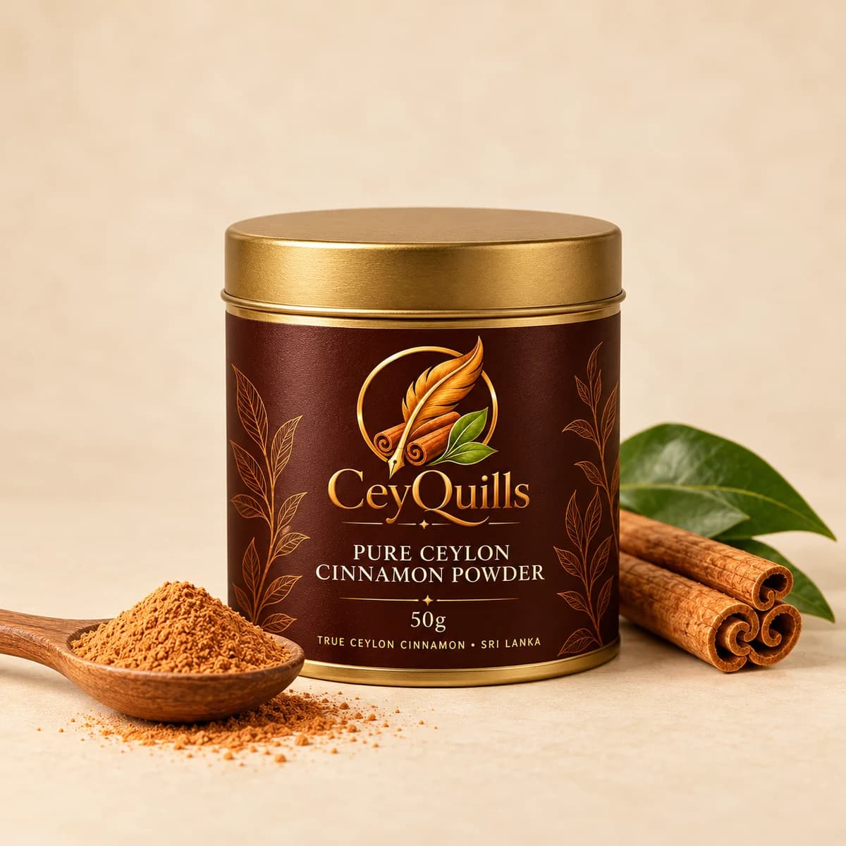 Pure Ceylon Cinnamon Powder in Round Tin with the cinnamon product visible